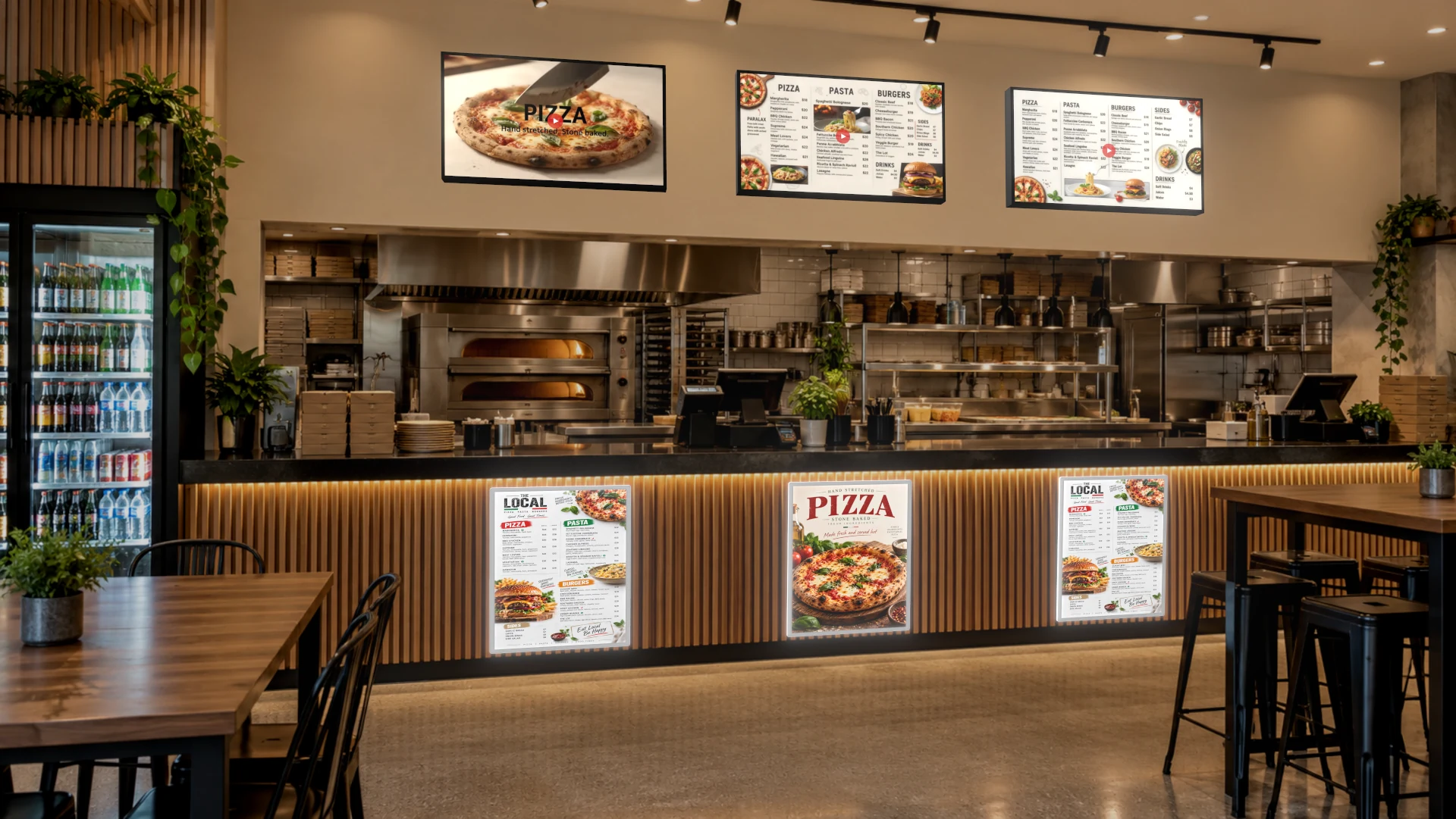 Take-away counter with digital menu boards above and below