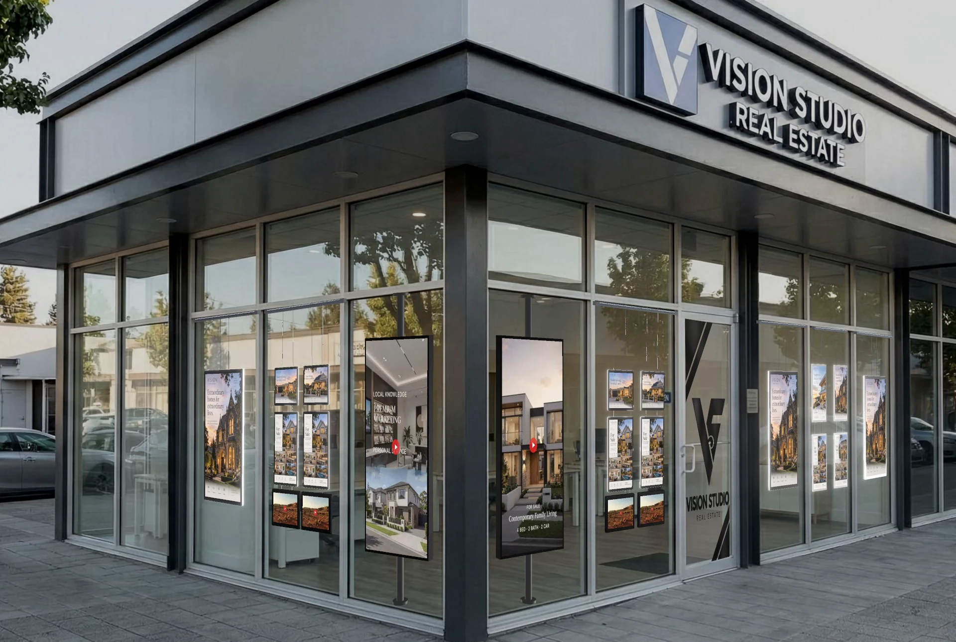Corner office facade with portrait displays behind the glazing