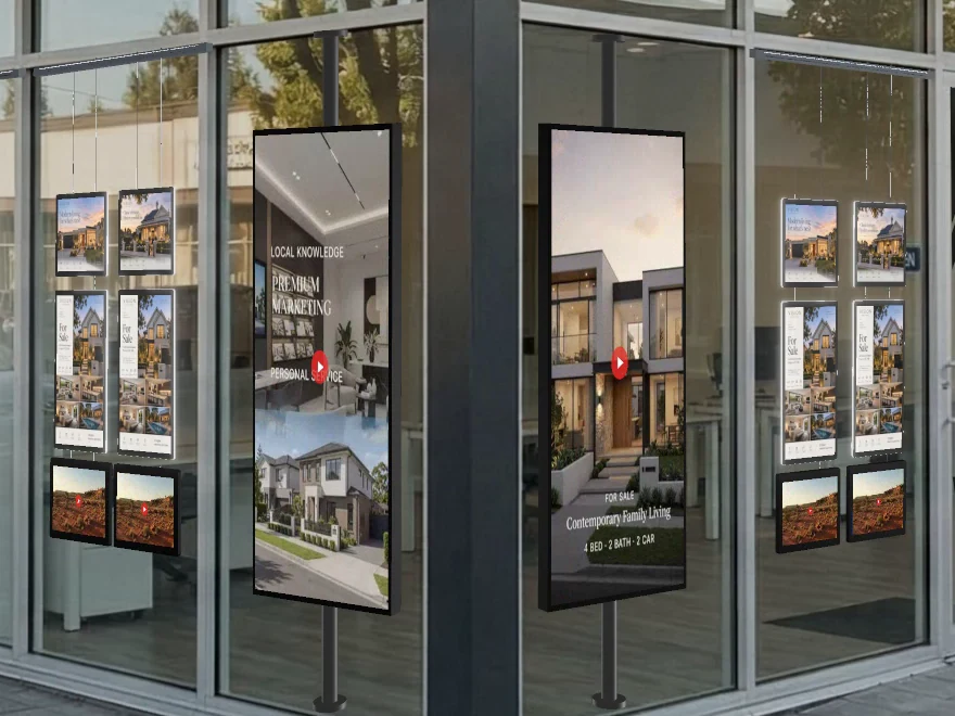 Free-standing portrait displays on stands behind a shopfront window