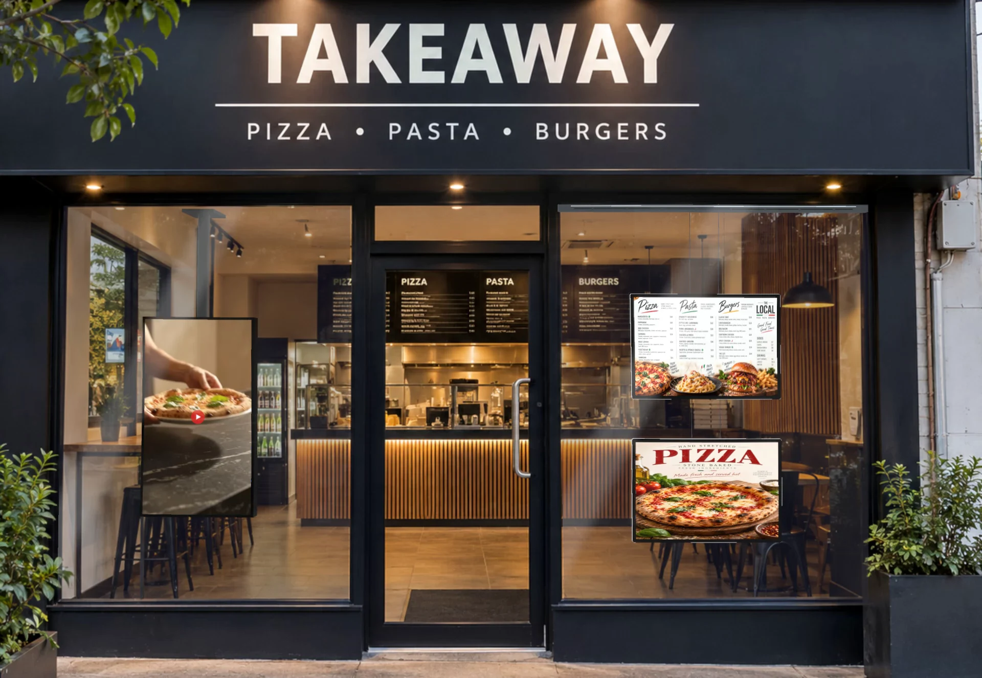 Takeaway storefront mockup with digital menu displays in the windows