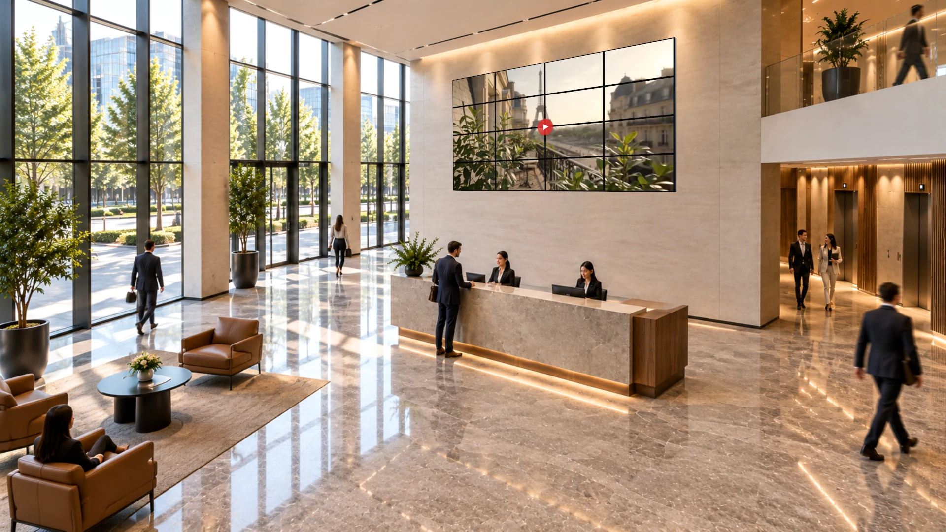 Office foyer with a tiled video wall behind reception
